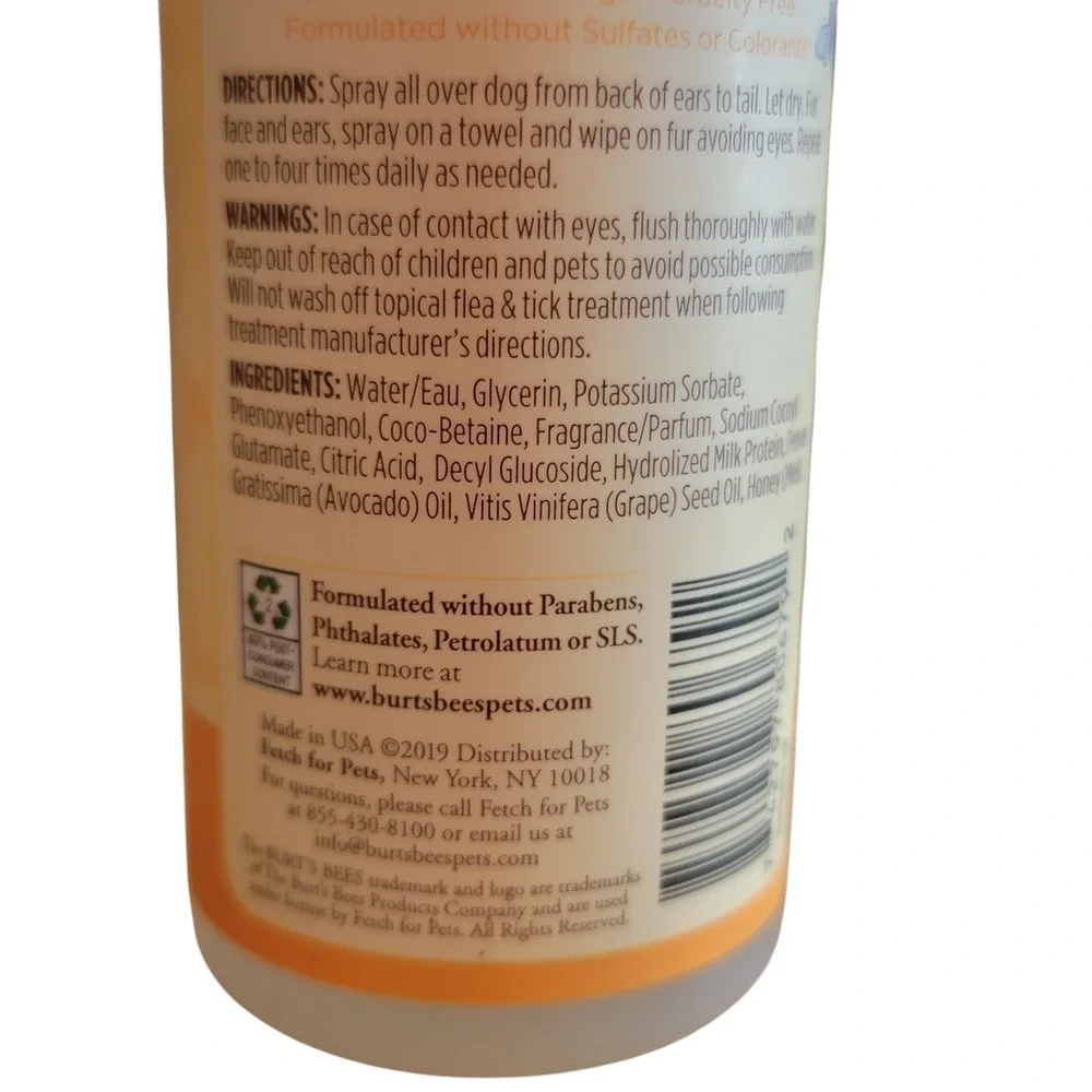 Burts Bees for Dogs Refreshing Spray Milk Honey Natural Fragrance 8 Oz New